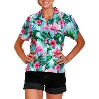 King Kameha Hawaiihemd Flamingo Flowers Funky Hawaiibluse Damen Kurzarm Front-Tasche Stylish