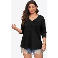 Imily Bela Oversize-Shirt Damen 3/4-Ärmel Henley-Shirt V-Ausschnitt Loose Basic Tunika (Packung, 1-tlg., 1per-Pack) in Unifarbe
