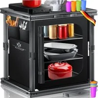 KESSER Campingschrank mit Aluminiumgestell Campingküche faltbar 60x80cm 3-Fachböden (Küchenschrank inkl. 4er Becherset, Seitentaschen & Fliegengitter) Outdoor Camping Küche UV-resistent