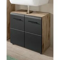 Inn.Furn Waschbeckenunterschrank Cover (Badschrank in Schwarz mit Eiche, 2-türig, 60 x 54 cm) 2 große Fächer