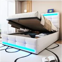Merax Polsterbett mit LED und USB Anschlüssen (Höhenverstellbares Kopfteil, 1-tlg), Jugendbett 90x200cm mit hydraulischem Stauraum, Mehrzweckbett, Leinen