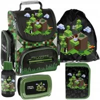 PASO Schulrucksack (Schulset, 5-tlg), Pixels Mega Set 5-teilig – Schwarz, Grün