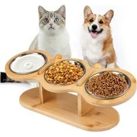 SURFOU Napf-Set Hundenapf, Katzennapf, Höhe Verstellbar Futternapf Katze Erhöht 3-tlg, Fressnapf Futterbar, Höhenverstellbarer Katzennapf mit Holzständer – 3 Edelstahl-Schüsseln für Wasser & Futter, erhöhter Fressnapf für Katzen, Futternapf Hund, Kat