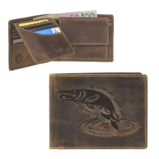 Herren-Geldbörse mit Fisch-Prägung aus Leder in antikbraun im Querformat | Greenburry. Durchdachte Fächer für den optimal strukturierten Alltag.