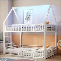Merax Etagenbett mit LED-Beleuchtung (Hochbett Kinderhaus Hausbett, 1-St), Metallbett Kinderbett 140x200cm mit Zaungeländer Spielbereich Dach
