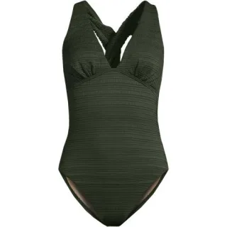Seersucker-Badeanzug mit V-Ausschnitt und extrahohem Bein, Damen,  Grün, Nylon-Mischung, by Lands' End