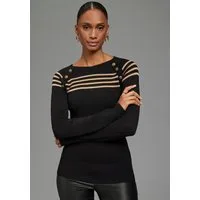 Bruno Banani Strickpullover mit Zierknöpfen und Streifen-Design mit Rundhalsausschnitt, figurbetonte Passform, hüftlange Form