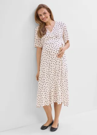 bonprix 2-in-1 Umstands- und Stillkleid aus leichtem Viskose- Crepe, beige, Gr.42, Festliches Pünktchenkleid für die Schwangerschaft und danach