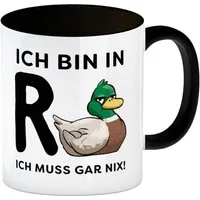 speecheese Tasse Ente Ruhestand Kaffeebecher in schwarz mit Spruch Ich bin R muss gar