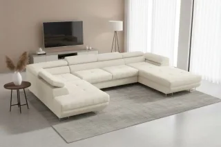 Wohnlandschaft Schlafsofa GIANLUCA in Stoff Gerra Ecru Ottomane 105 cm Rechts