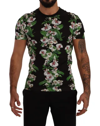Dolce & Gabbana Schwarzes Blumenmuster Crewneck Herren T-Shirt