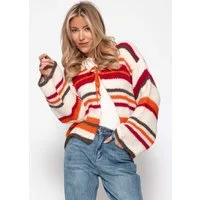 SASSYCLASSY Cardigan Gestreifte Strickjacke für Damen Weicher Cardigan mit Schleifenverschluss in grober Strickoptik