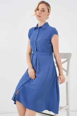 Knopfleiste Hemdkragen A-Form Midi-Kleid mit Binde-Detail
