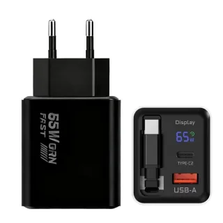 [GaN Tech] XY-1065 65W 2-Port USB PD Digital Display Charger with Type-C Retractable Cable PD Fast Charging Wall Charger