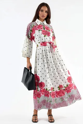 Blumenkleid Maxi mit Hemdkragen und Knopfleiste
