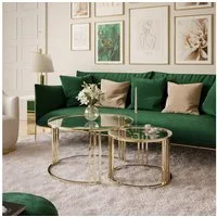 ALLHOUSE24 Couchtisch PEONY 2in1 GLAS runder Couchtisch GOLD Chrom Metallgestell (2er Set), Durchmesser: ⌀70 cm und ⌀50 cm