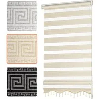 Doppelrollo mit Perlen, Mäander Ornamente Design, Bailena, Lichtschutz, ohne Bohren, freihängend, Klemmfix, glitzernd, Gardine mit Volant-Bordüre
