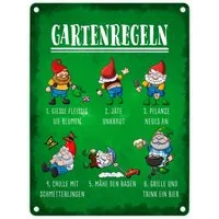 speecheese Metallschild Gartenregeln Metallschild in 15x20 cm mit lustigen Gartenzwergen
