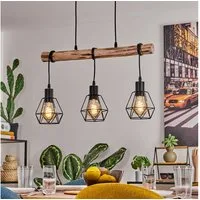 hofstein Hängeleuchte Pendelleuchte aus Metall/Holz in Schwarz/Natur, ohne Leuchtmittel, retro Hängelampe,Holzstab(60cm),max. 141,5cm, 3xE27, ohne Leuchtmittel