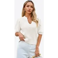Imily Bela Kurzarmpullover Damen Waffelstrickpullover mit Puffärmeln (Packung, 1-tlg., 1per-Pack) mit V-Ausschnitt