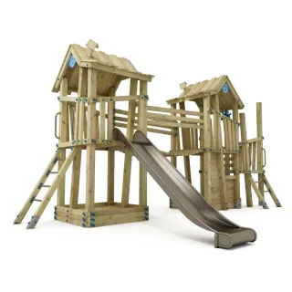 Öffentlicher Spielturm PRO GIANT Fortress - Robuste Kletteranlage mit 150 cm Podesthöhe, zwei Spielhäusern, Wackelbrücke & Sandkasten - Wickey