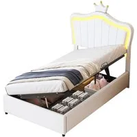 Flieks Polsterbett, LED Hydraulisches Kinderbett 90x200cm Krone Kopfteil Kunstleder