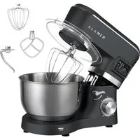 KLAMER Küchenmaschine 1400W, Knetmaschine mit 5,5 Liter Edelstahl Schüssel, 6 Geschwindigkeitsstufen mit Timer, Rührbesen, Knethaken, Schneebesen und Spritzschutz, grau, 1400 W, 5,5 l Schüssel, Spritzschutz, 3 Aufsätze, Saugfüße, digitales Display, T