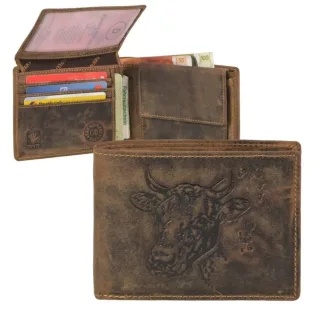 Geldbörse Leder Kuhkopf-Prägung antikbraun | Greenburry Vintage Portemonnaie Querformat. Strukturierter Organizer mit 7 Kartenfächern.