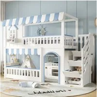Flieks Etagenbett, Kinderbett Haus-Design 90x200cm mit Stauraumtreppe & oberem Lattenrost