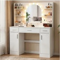 oyajia Schminktisch 110*40*140CM Frisiertisch mit 2 AC-Steckdosen, 1 USB-A und 1 USB-C (Frisiertisch weiß mit Spiegel), Mit LED-Beleuchtung, 3 Schubladen, 6 Fächer