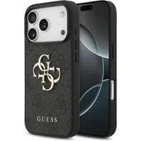 Guess Handyhülle iPhone 17 Pro Kunstleder grau Big Logo Metall goldfarben 6,3 Zoll, Kantenschutz