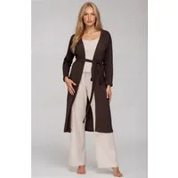 Mademoiselle Sommeil Morgenmantel aus Pointelle-Strick in Dunkelbraun, Bindegürtel, Taschen, Kimono-Kragen, Bindegürtel, aus 100% Baumwolle, gefertigt in Polen
