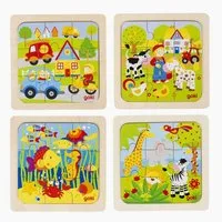 goki Steckpuzzle Einlegepuzzle Bauernhof, Unterwasserwelt 4er Set, 9 Puzzleteile, mit jeweils 9 bunt lackierten Holzteilen