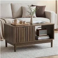BBWL Couchtisch 80 cm mit Schublade offenen Regalen Massivholzbeine Stauraum modern, Mid Century Wohnzimmertisch