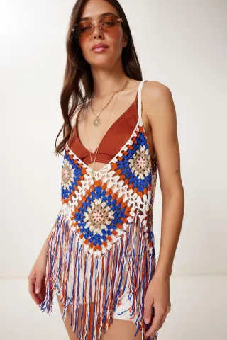 V-Ausschnitt Strickbluse mit Quastendetail
