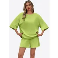 Imily Bela Hausanzug Damen 2-teiliger Freizeitanzug (Set, 2 tlg., 3/4-Arm Bluse + Shorts) in Unifarbe