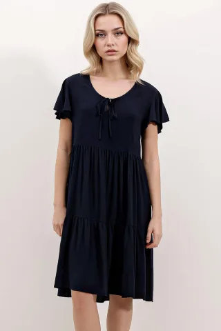 V-Ausschnitt Rüschenshirt Minikleid mit Schleife