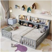 FUROKOY Kinderbett Bodenbett mit Rausfallschutz und Lattenrost (Set, 1-tlg., 140*200cm Bett,Grau), mit offenen Staufächern