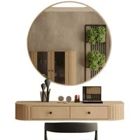Compleo Schminktisch hängend mit Rund Spiegel, Stil Japandi oder Modern, Eiche cremona oder Beige, Ideal für Flur & Schlafzimmer