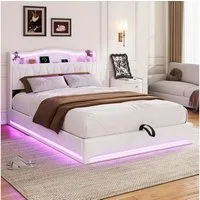 ADWOLT Polsterbett Hydraulisch Stauraumbett Doppelbett mit LED Licht (Set, 1-tlg., 160x200cm Bett Mit Ladefunktion), 162.5x217x105.5cm,Samt,Beige,ohne Matratze