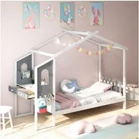 COSTWAY Kinderbett, Hausbett, mit Lattenrost & Schreibtisch, 90x200cm
