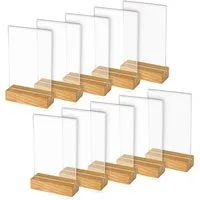 HMF Einzelrahmen Acryl Tischaufsteller im DIN A6 Hochformat, (10 St), Tischkartenhalter mit massivem Holzfuß aus Eiche T-Aufsteller Glasklar