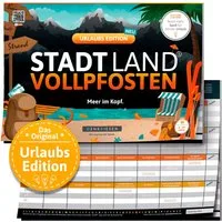 Denkriesen Spiel Stadt Land Vollpfosten® Urlaubs Edition "Meer im Kopf.", Familienspiel, Spielblock, Made in Germany