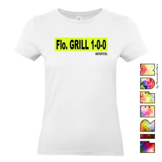 FIREFUN - Damen T-Shirt mit Aufschrift "Flo. GRILL 1-0-0" 2XL MIT Untertitel (max. 20 Zeichen) Hinten (Rücken) navy MIT Silberstreifen (Reflexoptik)