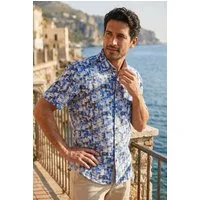 Haupt Kurzarmhemd Kurzarm Herrenhemd aus Baumwolle Print Navy Modern Fit für Sommer