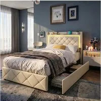 Furnishings Home Polsterbett Stauraumbett Doppelbett LED, Samtstoff (1-tlg), Mit 2 Schubladen, LED-Beleuchtung, USB-Anschluss, 90x200 cm