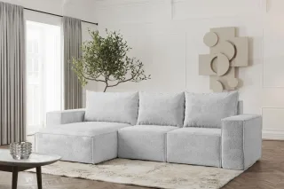 Ecksofa Designersofa ESTELLE in Stoff Abriamo Hellgrau Ottomane Links