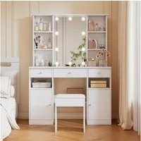 Merax Schminktisch mit Hocker, LED-Spiegel, 12 Glühbirnen, Einstellbare Helligkeit (1-St., Schminkkommode, Kosmetiktisch mit 3 Schubladen, 2 Türen), 151×110×40 cm, Weiß