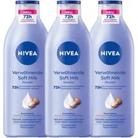 Nivea Bodylotion Body Verwöhnende Soft Milk 3 x 400ml Packung, 3-tlg., Sheabutter, Hyaluron, Tiefenpflege Serum