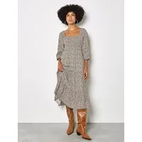 Apricot Midikleid Midi-Kleid mit Smok und zierlichem Blumenmuster